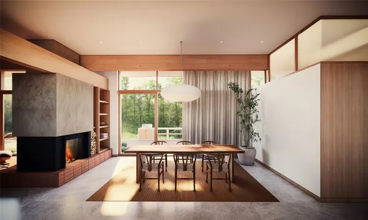 Dining room featuring a fireplace and built in features