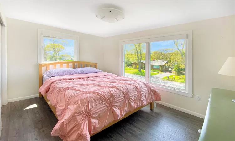 Bedroom featuring dark hardwood / wood-style floors and multiple windows