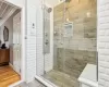 Bedroom featuring hardwood / wood-style flooring, ceiling fan, and crown molding