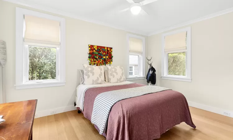 Bedroom featuring light hardwood / wood-style floors, ceiling fan, and crown molding