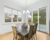 Dining area featuring a notable chandelier, light wood-type flooring, and a wealth of natural light