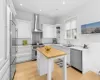 Kitchen with butcher block counters, white cabinetry, sink, wall chimney exhaust hood, and high end appliances