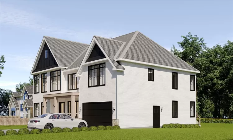 View/Rendering  of home's exterior featuring a yard and a garage