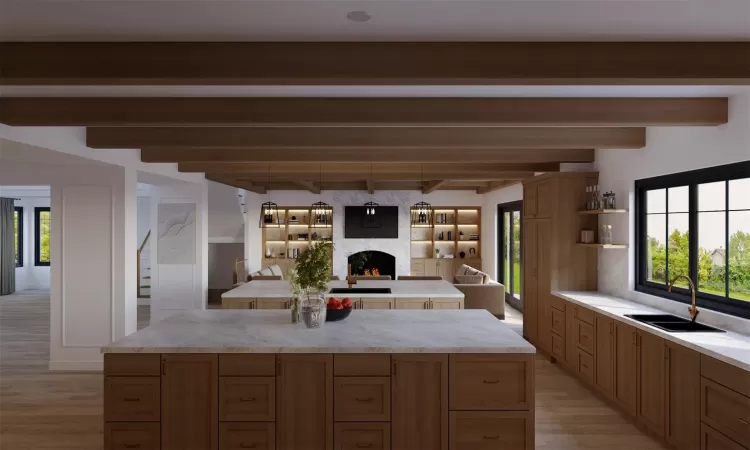 Rendering - Kitchen featuring a center island, sink, beamed ceiling, a fireplace, and light wood-type flooring