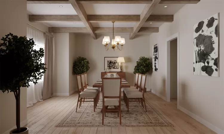 Rendering - Dining space with beamed ceiling, light hardwood / wood-style floors, coffered ceiling, and an inviting chandelier