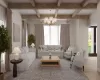 Rendering - Living room with beamed ceiling, a healthy amount of sunlight, light wood-type flooring, and an inviting chandelier