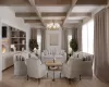 Rendering - Living room with beamed ceiling, a chandelier, a fireplace, and light hardwood / wood-style flooring