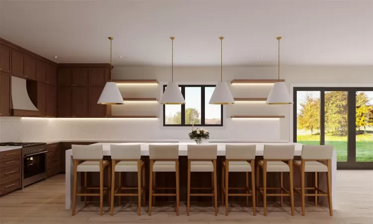 Rendering - Kitchen with high end stove, backsplash, a wealth of natural light, and a breakfast bar area