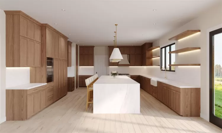 Rendering - Kitchen featuring backsplash, sink, a center island, light hardwood / wood-style floors, and hanging light fixtures