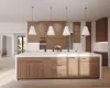 Rendering - Kitchen with a large island, stainless steel double oven, decorative light fixtures, and light hardwood / wood-style floors