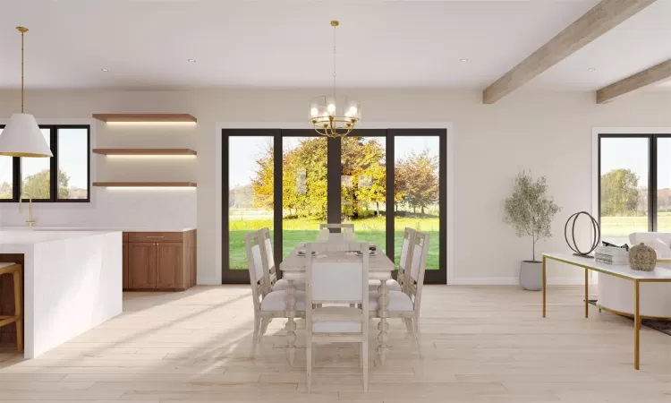 Rendering - Dining space with beam ceiling, light hardwood / wood-style floors, and an inviting chandelier