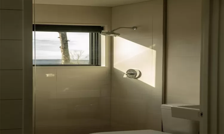 Bathroom with a tile shower and toilet