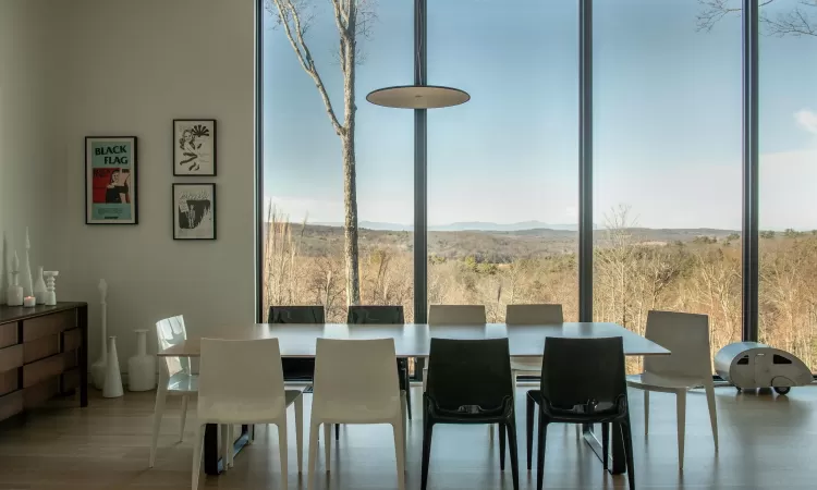 Dining room with hardwood / wood-style floors and a mountain view