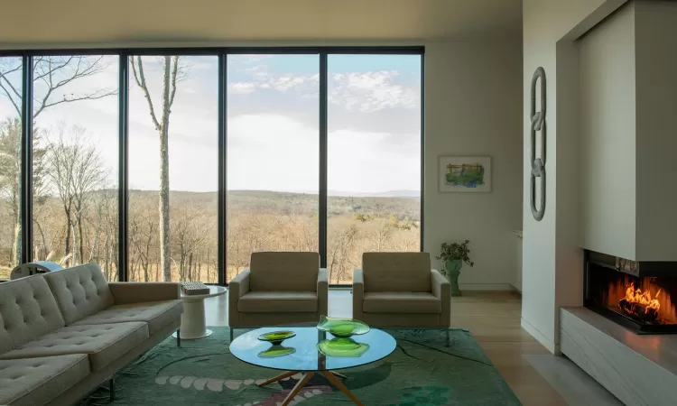 Living room with a multi sided fireplace and light hardwood / wood-style flooring