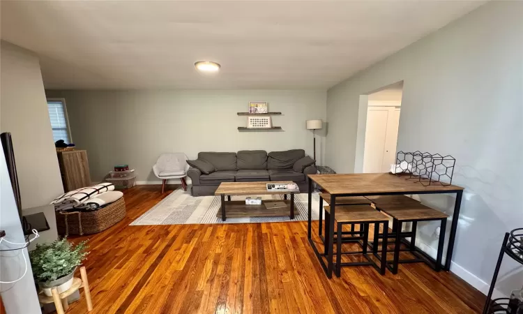 Living room with dark wood-type flooring