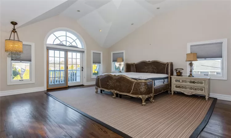 Bedroom featuring dark hardwood / wood-style flooring, access to exterior, and vaulted ceiling