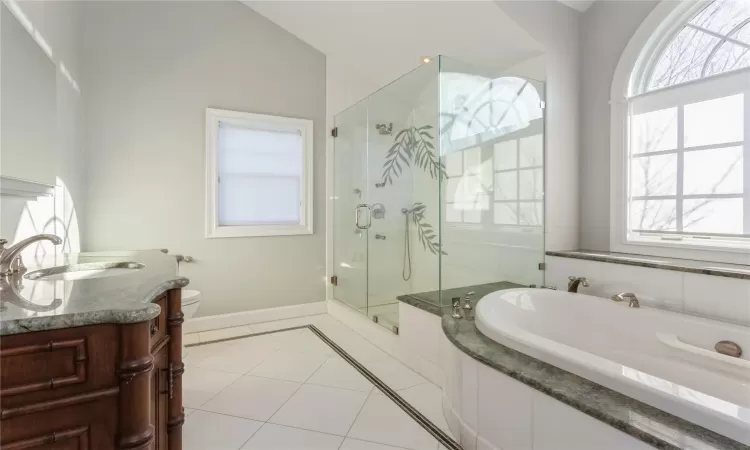 Full bathroom with plus walk in shower, tile patterned flooring, lofted ceiling, toilet, and vanity