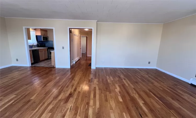 Unfurnished living room featuring sink, dark hardwood / wood-style flooring, and ornamental molding