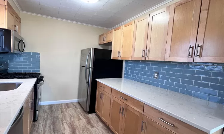 Kitchen featuring decorative backsplash, light stone countertops, stainless steel appliances, and ornamental molding