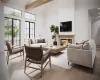 Living room featuring a high end fireplace, french doors, beam ceiling, a high ceiling, and light hardwood / wood-style floors