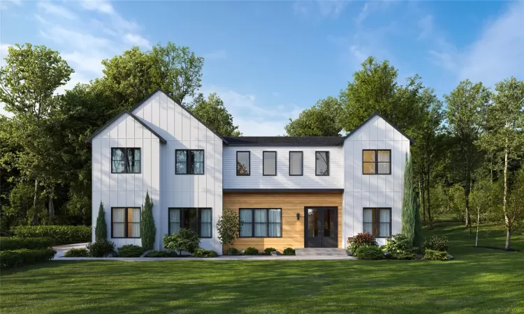 Modern inspired farmhouse featuring french doors and a front lawn