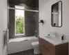 Full bathroom featuring tile patterned flooring, vanity, toilet, and combined bath / shower with glass door