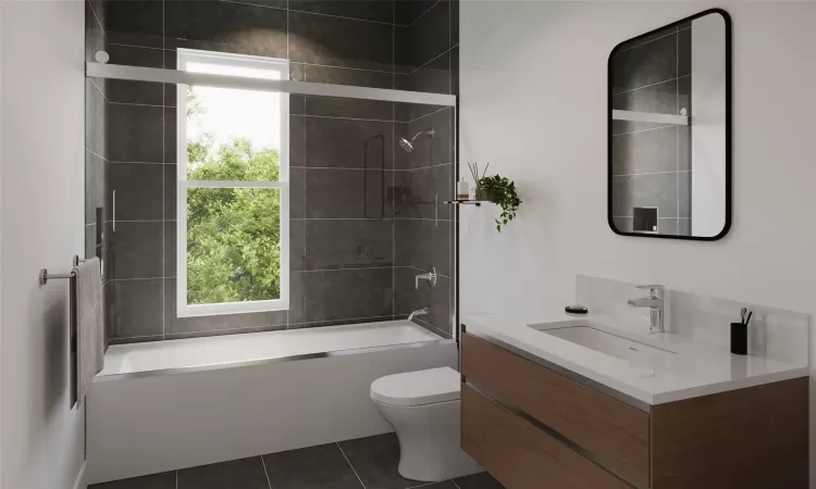 Full bathroom featuring tile patterned flooring, vanity, toilet, and combined bath / shower with glass door