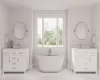 Bathroom with a wealth of natural light, a washtub, and vanity