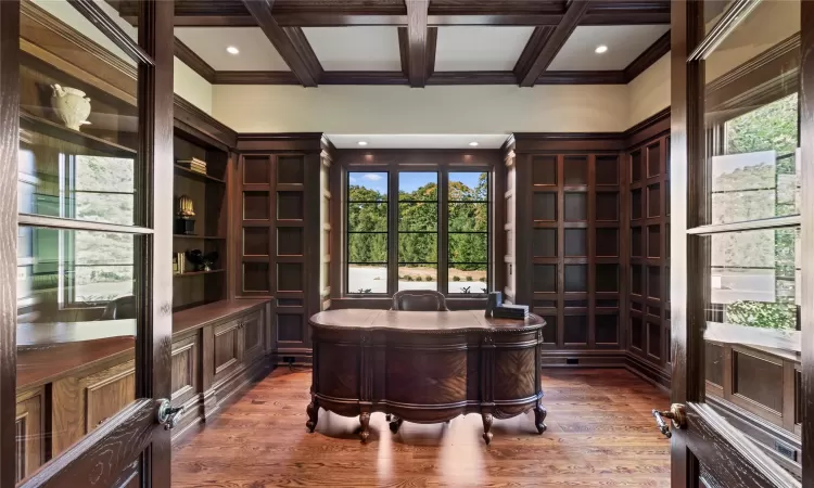 Office featuring beam ceiling, plenty of natural light, and coffered ceiling