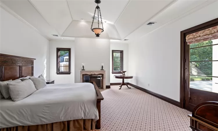 Bedroom with a raised ceiling, carpet floors, vaulted ceiling, and ornamental molding