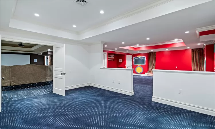 Carpeted spare room with ornamental molding and a tray ceiling