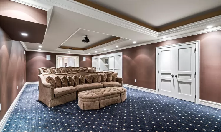 Home theater room with carpet flooring, a raised ceiling, and ornamental molding