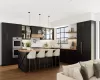 Kitchen featuring sink, a center island, multiple ovens, dark hardwood / wood-style floors, and a kitchen bar