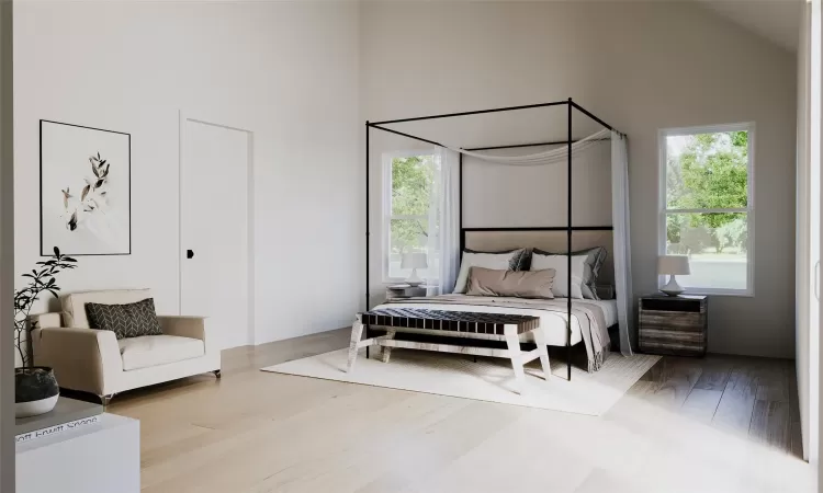 Bedroom featuring light hardwood / wood-style flooring, high vaulted ceiling, and multiple windows