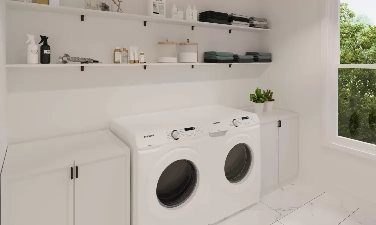 Washroom with washing machine and dryer