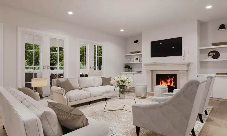 Living room featuring a fireplace, french doors, and light hardwood / wood-style flooring