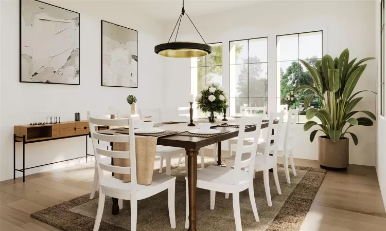 Dining space with hardwood / wood-style flooring