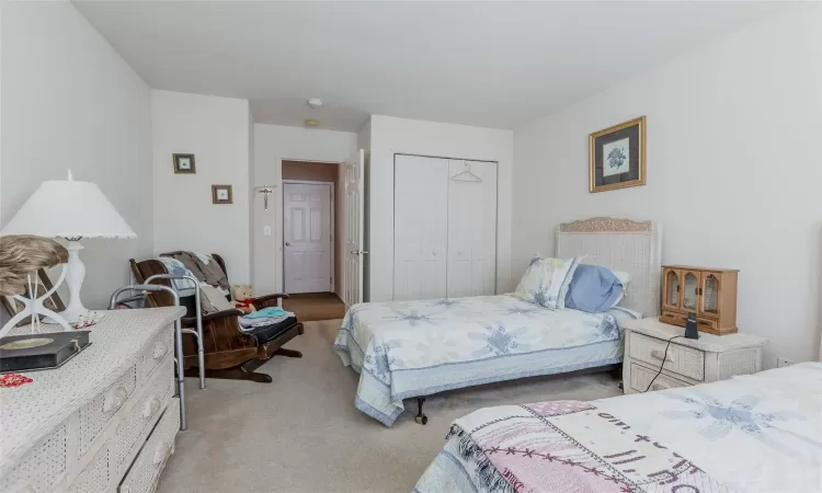 Carpeted bedroom featuring a closet