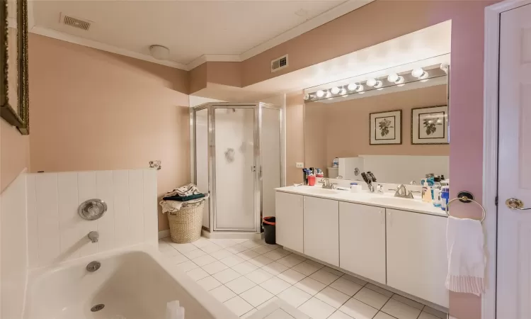 Bathroom featuring tile patterned floors, separate shower and tub, vanity, and ornamental molding