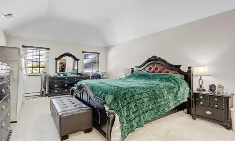 Carpeted bedroom with a baseboard radiator and lofted ceiling