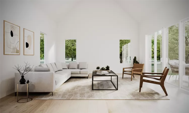 Living room with light hardwood / wood-style floors, high vaulted ceiling, and a healthy amount of sunlight