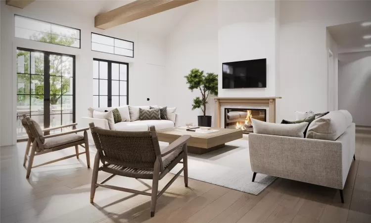 Living room with french doors, light hardwood / wood-style flooring, a premium fireplace, a towering ceiling, and beamed ceiling