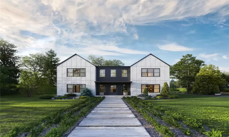 Modern farmhouse featuring a front lawn