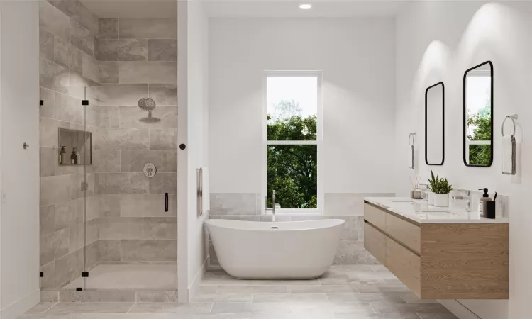 Bathroom with shower with separate bathtub, vanity, a wealth of natural light, and tile walls