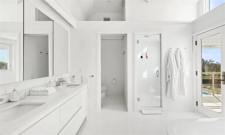 Bathroom with tile patterned flooring, a shower with shower door, plenty of natural light, and toilet