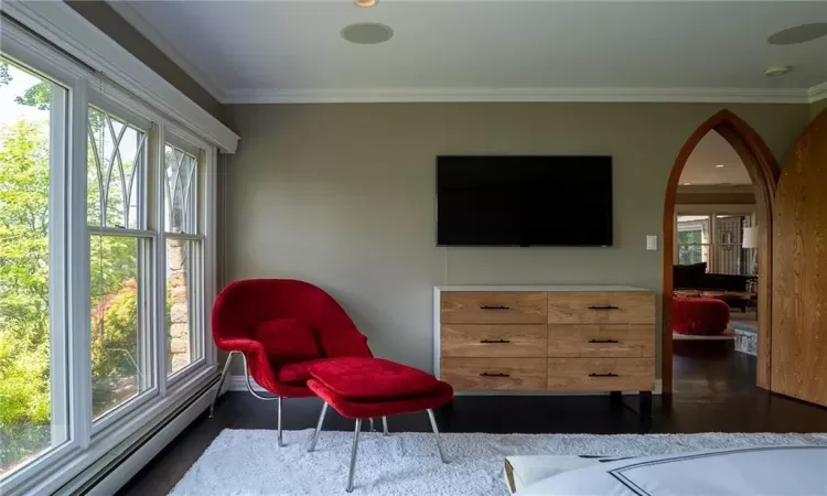 Bedroom featuring ornamental molding and baseboard heating