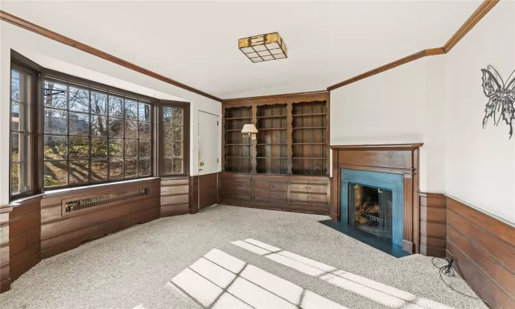 Carpeted living room featuring ornamental molding and wood walls