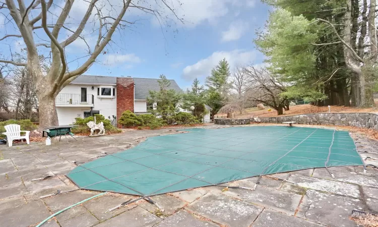 View of Heated swimming pool featuring a patio area and a diving board