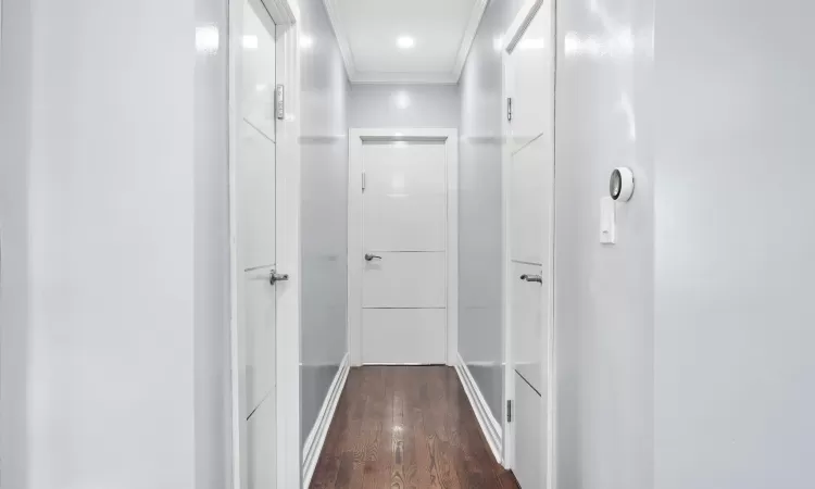 Hallway featuring dark hardwood / wood-style floors and crown molding