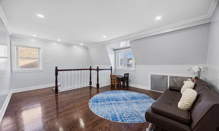 Sitting room with crown molding, dark hardwood / wood-style flooring, and lofted ceiling